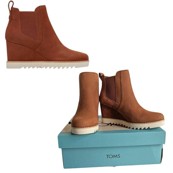 NIB TOMS Maddie Dark Ember Oiled Nubuck Suede Wedge Ankle Boot New in Box Size 8 - Picture 1 of 8